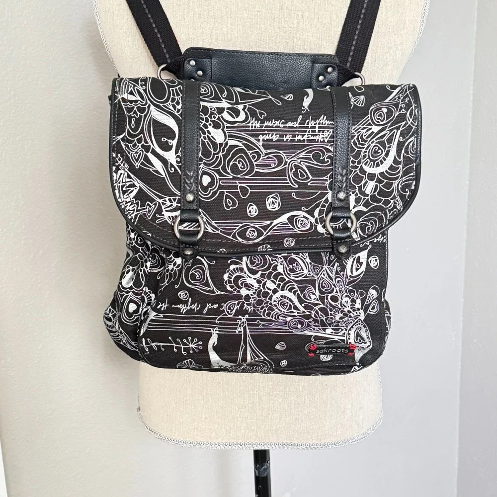 Sakroots Convertible Backpack Messenger Bag Black & Silver Silver Songbird